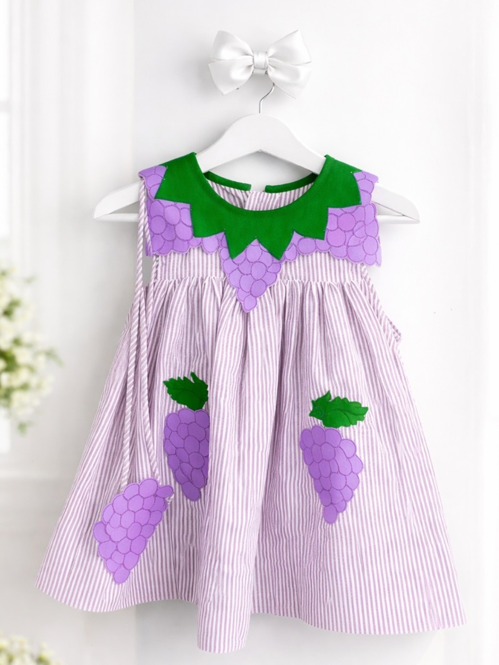 SPECIAL Rare Vintage Grape Appliqué Seersucker Baby Dress 12M Heirloom Smock